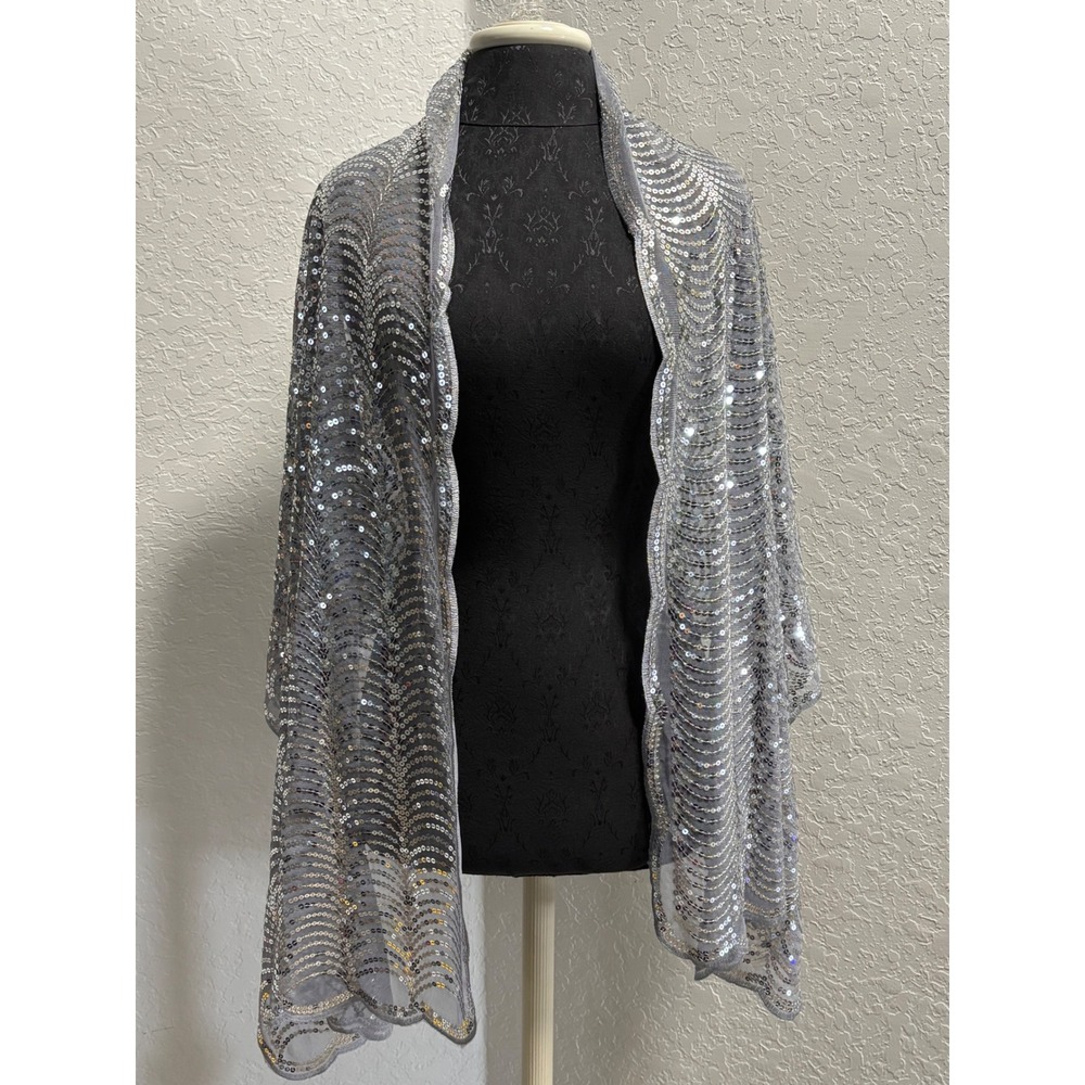 Silver Sequin Shawl Wrap Scalloped Evening Stole Mesh Scarf Formal Wedding Wear